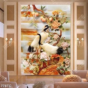 Tranh giả ngọc chim hạc và hoa mẫu đơn