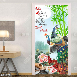 Tranh chim công thư pháp Cha Mẹ