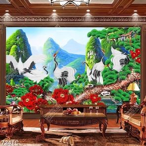 Tranh chim Hạc và hoa mẫu đơn