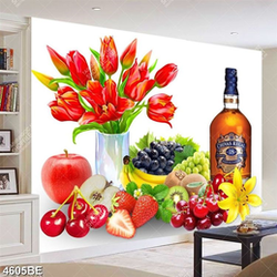 Tranh hoa trái cây và rượu in kính bếp