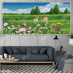 Tranh cánh đồng hoa và hươu in kính bếp