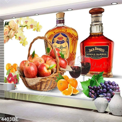 Tranh giỏ trái cây và rượu in kính bếp
