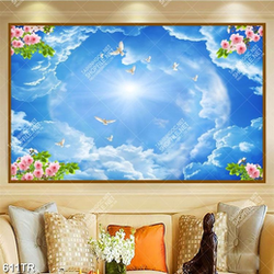 Tranh trần nghẹ thuật đàn chim bồ câu trên bầu trời xanh in uv Tranh trần nghẹ thuật đàn chim bồ câu trên bầu trời xanh in uv