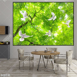 Tranh in trần file gốc psd đàn chim bay dưới tán cây xanh lá