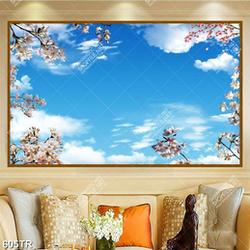 Tranh dán trần nhà 3d bầu trời hoa đào