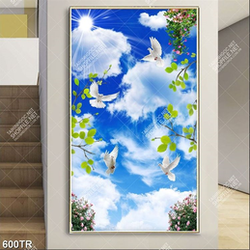 Tranh dán trần 3d bầu trời lá xanh