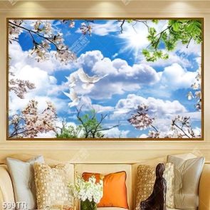 Tranh dán trần bầu trời và hoa anh đào file gốc