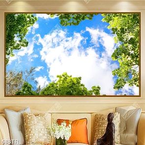 Tranh in trần file gốc psd bối cảnh bầu trời lá xanh