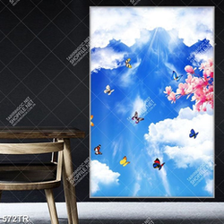 Tranh dán trần file gốc psd bối cảnh bầu trời đàn bướm và hoa Tranh dán trần file gốc psd bối cảnh bầu trời đàn bướm và hoa