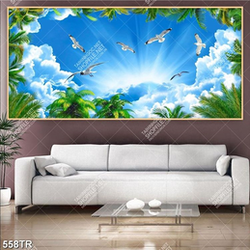 Tranh dán trần 3d đàn chim bay lượn trên bầu trời và thiên nhiên
