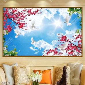 Tranh dán trần in uv bầu trời đẹp và hoa đào đỏ