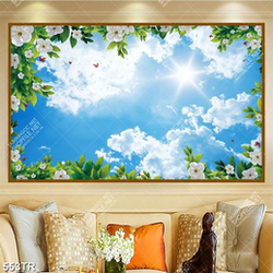 Tranh dán trần file gốc psd bối cảnh bầu trời hoa lá