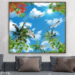 Tranh dán trần file gốc psd bầu trời chim và hoa lá