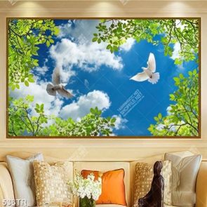 Tranh dán trần in uv đôi chim bay trên bầu trời xanh