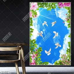 Tranh dán trần file gốc psd bối cảnh bầu trời chim và hoa lá