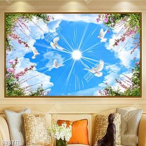 Tranh dán trần xuyên sáng bầu trời hoa lá in 3d