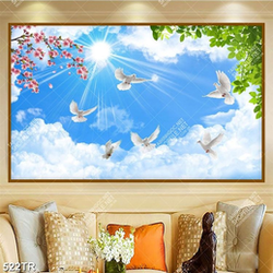 Tranh dán trần file gốc psd bầu trời xanh mây trắng và đàn chim