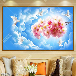 Tranh dán trần bối cảnh bầu trời và cành hoa đào file gốc
