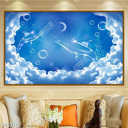 Tranh dán trần bối cảnh bầu trời cá bong bóng file gốc