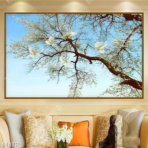 Tranh dán trần file gốc psd đàn chim và cây nở hoa