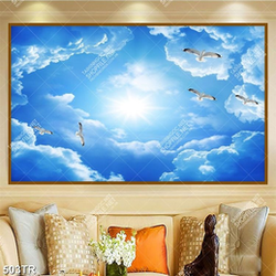 Tranh dán trần file gốc psd đàn chim bay lượn trên bầu trời in uv