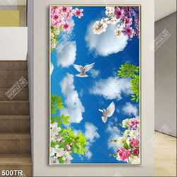 Tranh dán trần in uv bầu trời chim trắng và hoa