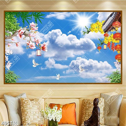 Tranh dán trần bầu trời xanh mây trắng và hoa file gốc