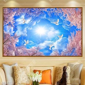 Tranh dán trần nghệ thuật bầu trời xanh hoa đỏ và những chú chim file gốc