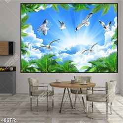 Tranh dán trần in uv tán lá xanh và những chú chim bay lượn trên bầu trời