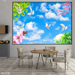 Tranh dán trần file gốc psd trời xanh chim trắng và hoa lá