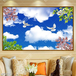 Tranh dán trần file gốc psd đôi chim trắng tung bay trên bầu trời in uv
