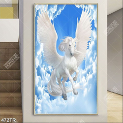 Tranh dán trần in 3d ngựa trắng bay trên bầu trời