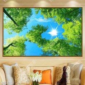 Tranh dán trần in uv bầu trời đẹp và những tán cây xanh Tranh dán trần in uv bầu trời đẹp và những tán cây xanh