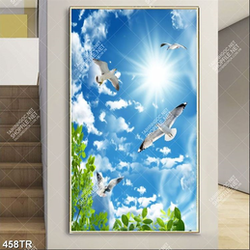 Tranh dán trần nghệ thuật đàn chim bay trên bầu trời đầy nắng in canvas