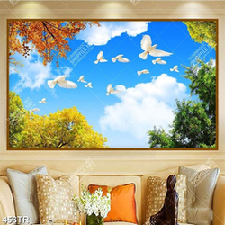Tranh dán trần file gốc psd bầu trời xanh và đàn chim trắng in uv