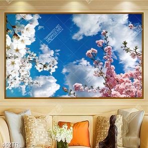 Tranh dán trần file gốc psd bầu trời mây trắng và hoa in uv