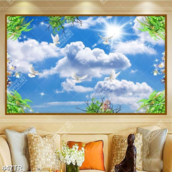 Tranh dán trần nghệ thuật đàn chim trắng và bầu trời file gốc