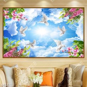 Tranh in trần file gốc psd đàn chim bay trên tán hoa tím