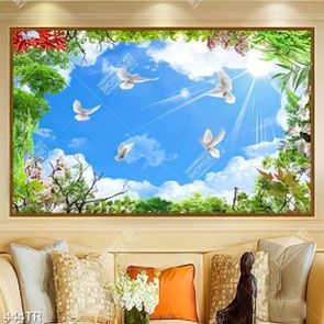 Tranh dán trần in uv hoa lá đàn chim và bầu trời