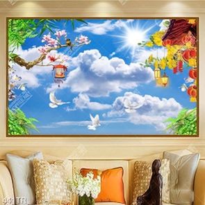 Tranh dán trần nghệ thuật hoa bầu trời hoa mai hoa đào file gốc