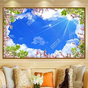 Tranh dán trần in uv bầu trời và hoa đào