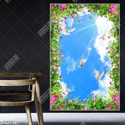 Tranh dán trần nhà file gốc psd hoa lá và chim