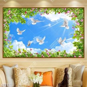 Tranh dán trần file gốc psd đàn chim trắng và tán hoa đỏ in uv