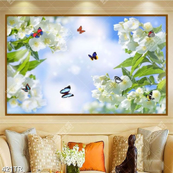 Tranh in trần file gốc psd đàn bướm và hoa trắng in uv