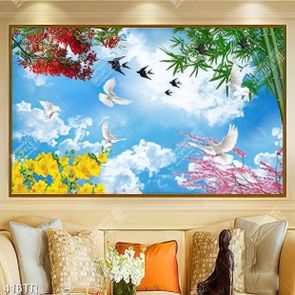 Tranh file psd dán trần đàn chim và hoa lá mùa xuân Tranh file psd dán trần đàn chim và hoa lá mùa xuân