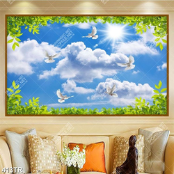 Tranh file psd dán trần đàn chim bay trên bầu trời nhiêù mây trắng