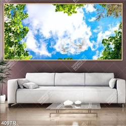 Tranh dán trần in uv bầu trời mây trắng và tán cây xanh