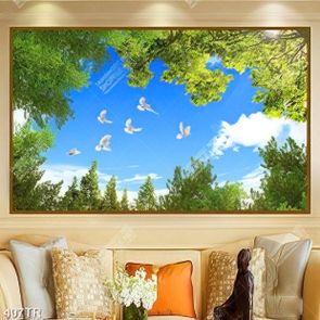 Tranh dán trần file gốc psd đàn chim trắng trên tán cây xanh in uv