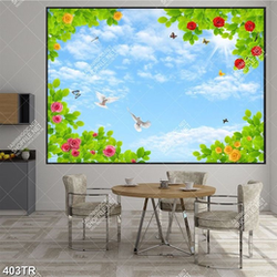 Tranh in trần file gốc psd đàn chim và bướm bay trên tán hoa hồng in uv