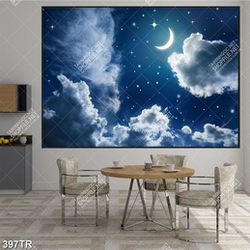 Tranh dán trần in uv bầu trời đêm có trăng và sao